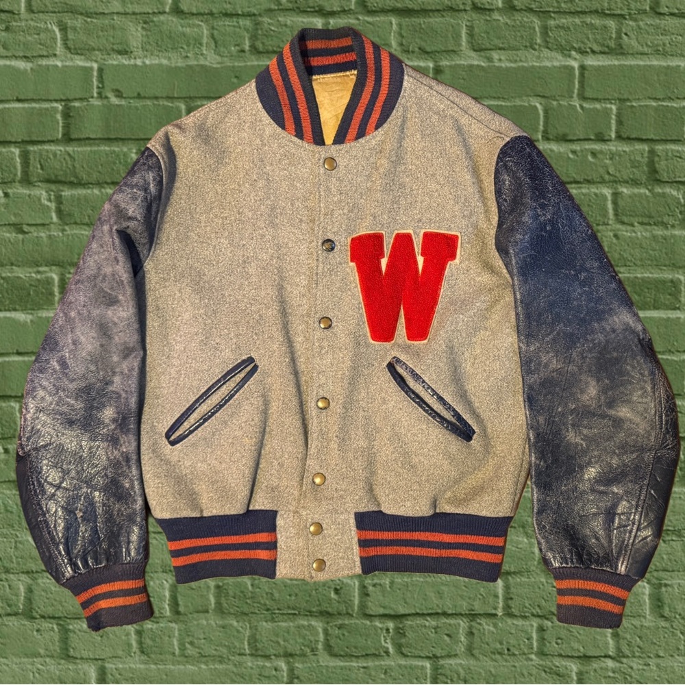 VTG 60s Howe Letterman Varsity Jacket Distressed Wool Leather Blue Grey Med 40